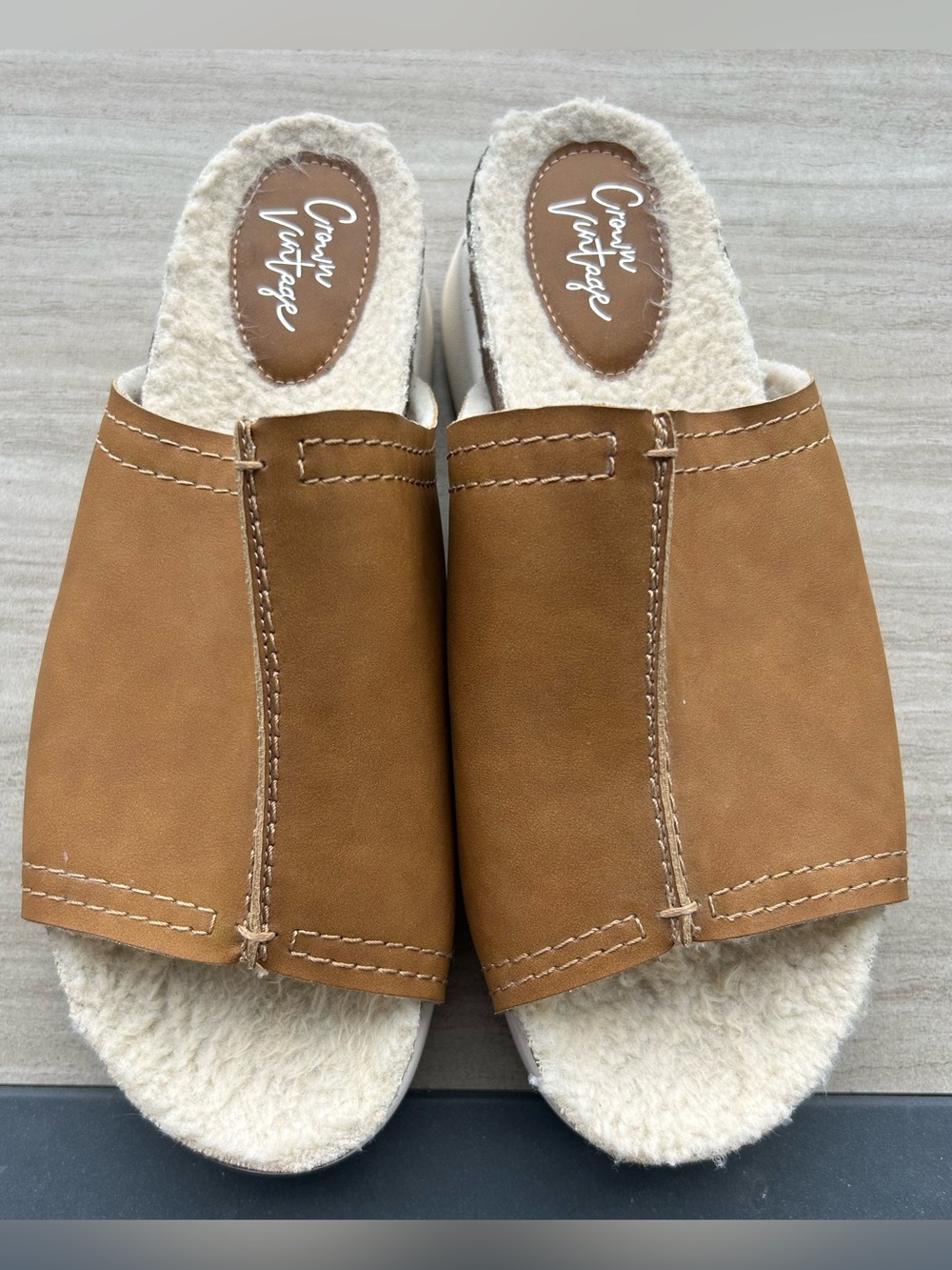 Crown Vintage Brown Faux Fur Lined Slide Sandals Casual Summer Comfortable 9.5 M